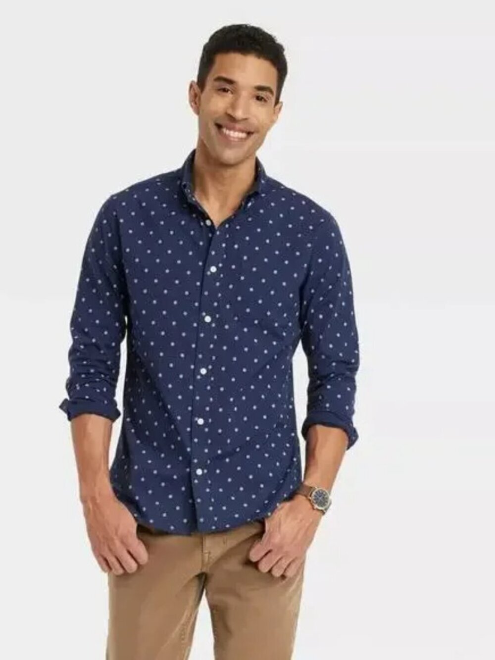 NWT Goodfellow & Co Casual Bue with White Floral Long-sleeve Shirt Large Stretch